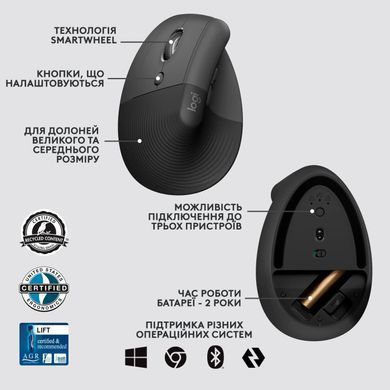 Миша бездротова Logitech Lift Left Vertical Ergonomic Graphite USB (910-006495) [606494]