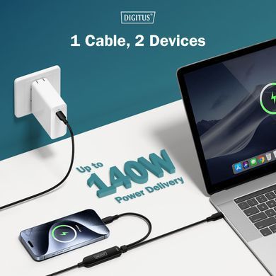 Кабель DIGITUS USB-C > 2xUSB-C заряджання/синхронізації, USB 2.0, 140W, 1.8м, чорний (AK-300170-018-S) [113099]