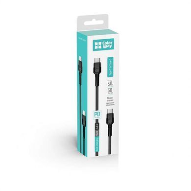 Кабель ColorWay USB Type-C - USB Type-C PD Fast Charging, 3А, 65W, 0.3м Black (CW-CBPDCC054-BK) [607380]