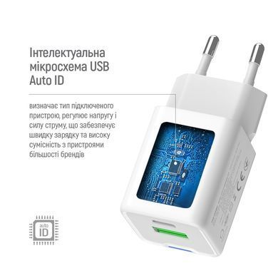 Мережевий зарядний пристрій ColorWay GaN Mini 20W PD Port PPS USB (Type-C PD + USB QC4.0) White (CW-CHS062PD-WT) [614607]