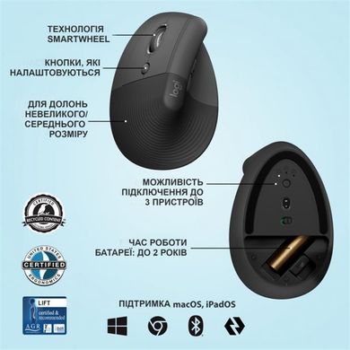 Миша бездротова Logitech Lift Left Vertical Ergonomic Graphite USB (910-006495) [606494]