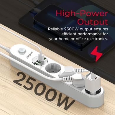 Мережевий фільтр Power filtr 2.0м Energizer 4 розетки, 4xUSB 3.4A, з заземленням білий (EPB2500W00EU) [404667]