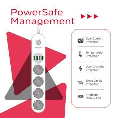 Мережевий фільтр Power filtr 2.0м Energizer 4 розетки, 4xUSB 3.4A, з заземленням білий (EPB2500W00EU) [404667]
