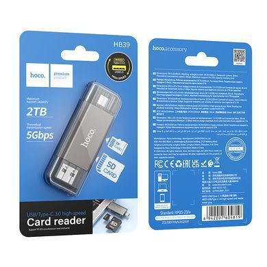 USB-хаб HOCO HB39 USB/Type-C 3.0 high-speed card reader Metal Gray (6942007604819) [805345]