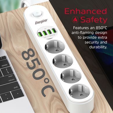 Мережевий фільтр Power filtr 2.0м Energizer 4 розетки, 4xUSB 3.4A, з заземленням білий (EPB2500W00EU) [404667]