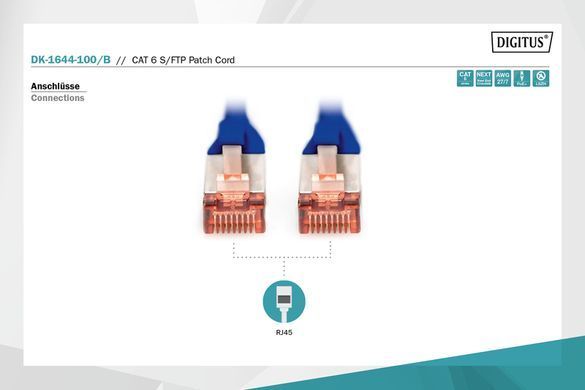 Патч-корд DIGITUS CAT 6 S-FTP, 10м, AWG 27/7, LSZH, синій (DK-1644-100/B) [110566]