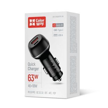 Автомобільний зарядний пристрій ColorWay 2USB (Type-C PD45W + USB QC3.0 18W) 63W Black (CW-CHA067PD-BK) [618408]