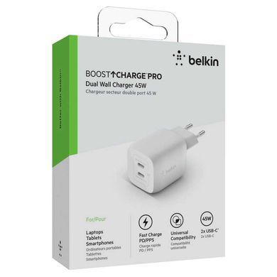 Зарядний пристрій мережевий Belkin 45Вт 2хUSB-С GAN PD PPS, білий (WCH011VFWH) [108367]