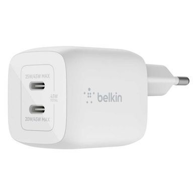 Зарядний пристрій мережевий Belkin 45Вт 2хUSB-С GAN PD PPS, білий (WCH011VFWH) [108367]
