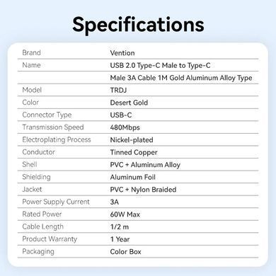 Кабель Vention USB Type-C - USB Type-C (M/M), 60W, 3A, 2 м, Copper (TRDJH) [618172]