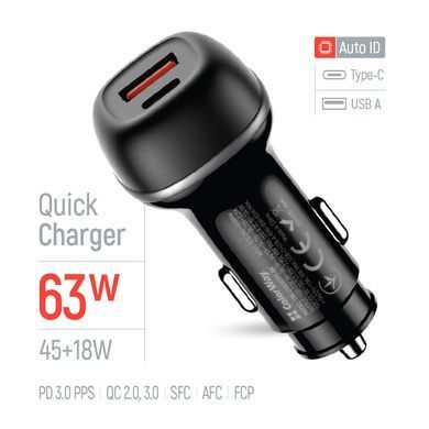 Автомобільний зарядний пристрій ColorWay 2USB (Type-C PD45W + USB QC3.0 18W) 63W Black (CW-CHA067PD-BK) [618408]
