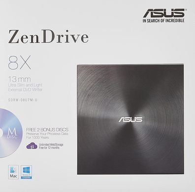 Привід оптичний портативний ASUS ZenDrive SDRW-08U7M-U DVD+-R/RW burner M-DISC USB2.0 чорний Retail Box Slim (90DD01X0-M29000) [109581]