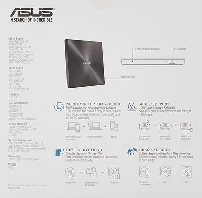 Привід оптичний портативний ASUS ZenDrive SDRW-08U7M-U DVD+-R/RW burner M-DISC USB2.0 чорний Retail Box Slim (90DD01X0-M29000) [109581]