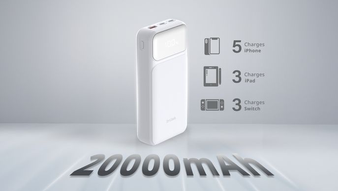 Акумулятор портативний літій-іонний Power Bank D-Link 20000мА*год, 65Вт PD 3.0, QC 3.0, 2xUSB-C, 1xUSB-A з дисплеєм, білий (DPP-201) [113519]