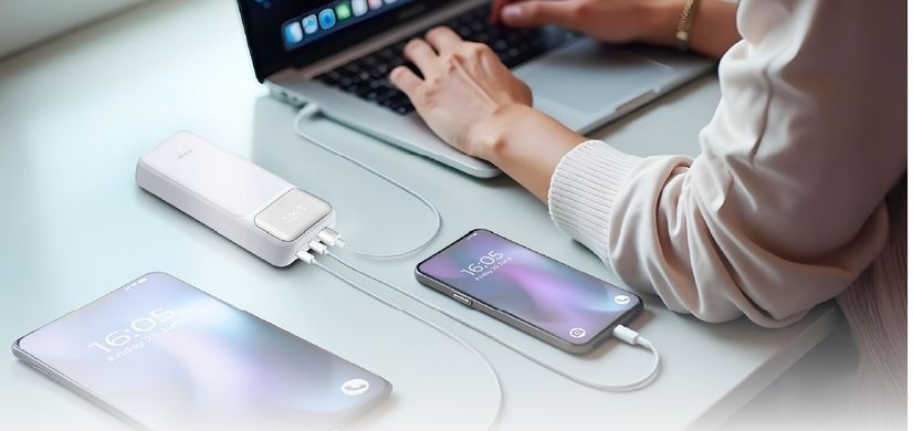 Акумулятор портативний літій-іонний Power Bank D-Link 20000мА*год, 65Вт PD 3.0, QC 3.0, 2xUSB-C, 1xUSB-A з дисплеєм, білий (DPP-201) [113519]