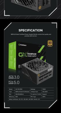 Блок живлення GAMEMAX (GX-750 PRO BK (ATX3.0 PCIe5.0)) [303190]