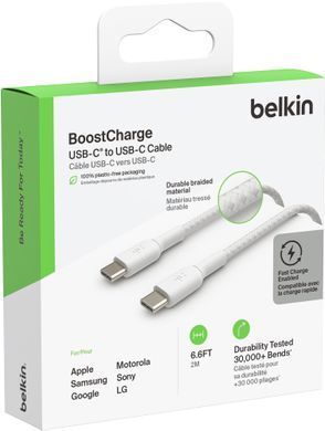 Кабель USB-C > USB-C заряджання/синхронізації Belkin 2м, 60Вт, Type-C, плетений, білий (CAB004BT2MWH) [108620]