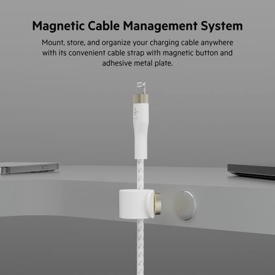 Кабель USB-C > Lightning заряджання/синхронізації Belkin 1м, Type-C, плетений, силіконовий, з ремінцем на магніті, білий (CAA011BT1MWH) [109445]
