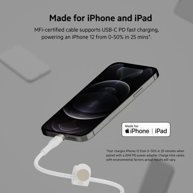 Кабель USB-C > Lightning заряджання/синхронізації Belkin 1м, Type-C, плетений, силіконовий, з ремінцем на магніті, білий (CAA011BT1MWH) [109445]
