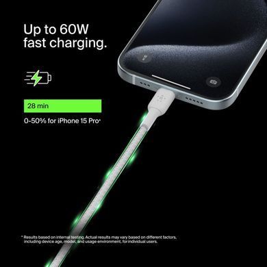 Кабель USB-C > USB-C заряджання/синхронізації Belkin 2м, 60Вт, Type-C, плетений, білий (CAB004BT2MWH) [108620]