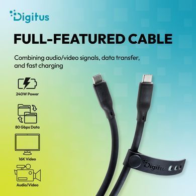 Кабель DIGITUS USB-C > USB-C заряджання/синхронізації, USB4 2.0, 80G, 240W, 16K, силіконовий, 1.5м, чорний (AK-300350-015-S) [114552]