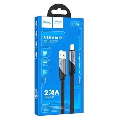 Кабель HOCO U119 USB to iP 2.4A, 1.2m, nylon, aluminum connectors, Black (6942007604987) [802331]