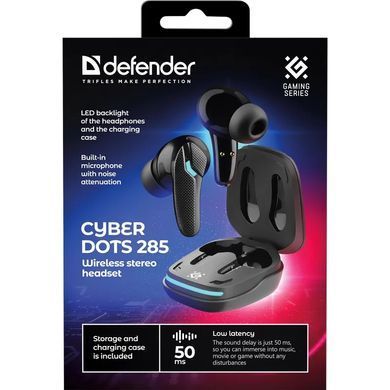 Гарнітура TWS ігрова Defender CyberDots 285 Bluetooth чорна (63285) [403154]