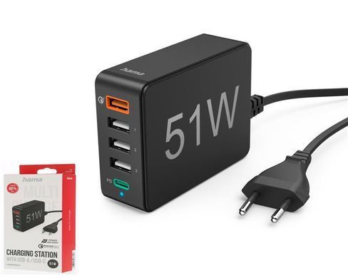 Зарядний пристрій мережевий Hama 51Вт 4хUSB-А/1хUSB-С, PD/QC, чорний (00201630) [108368]
