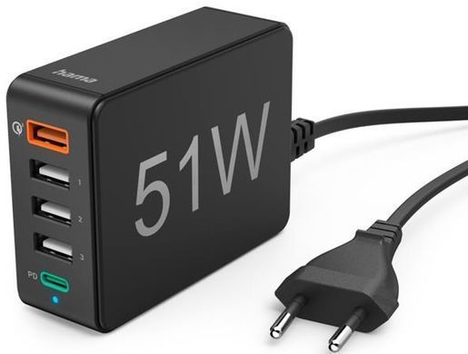Зарядний пристрій мережевий Hama 51Вт 4хUSB-А/1хUSB-С, PD/QC, чорний (00201630) [108368]