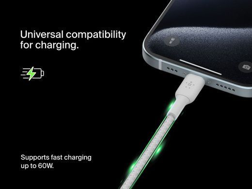 Кабель USB-C > USB-C заряджання/синхронізації Belkin 2м, 60Вт, Type-C, плетений, білий (CAB004BT2MWH) [108620]
