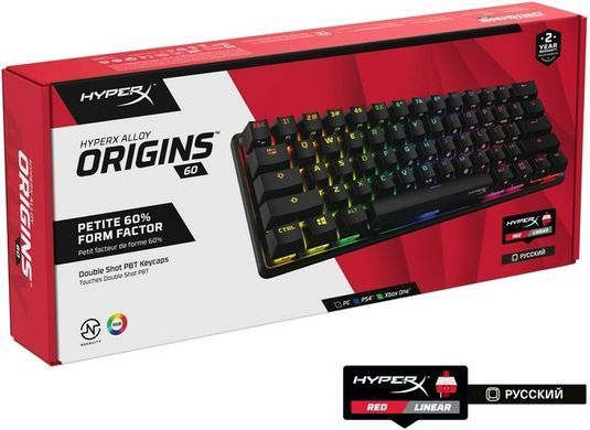 Клавіатура механічна HyperX Alloy Origins 60 61key, Red, USB-A, EN/RU, RGB, чорний (4P5N0AA) [13555]