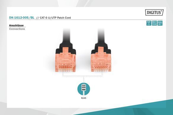 Патч-корд DIGITUS CAT 6 UTP, 0.5м, AWG 26/7, CCA, PVC, чорний (DK-1612-005/BL) [109787]