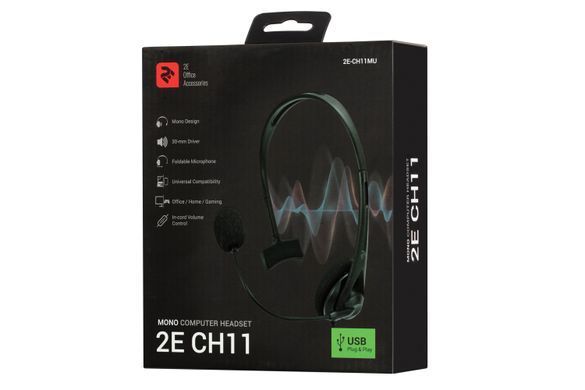 Гарнітура ПК моно On-ear 2E CH11 USB, omni-mic, 2м, чорний (2E-CH11MU) [107162]