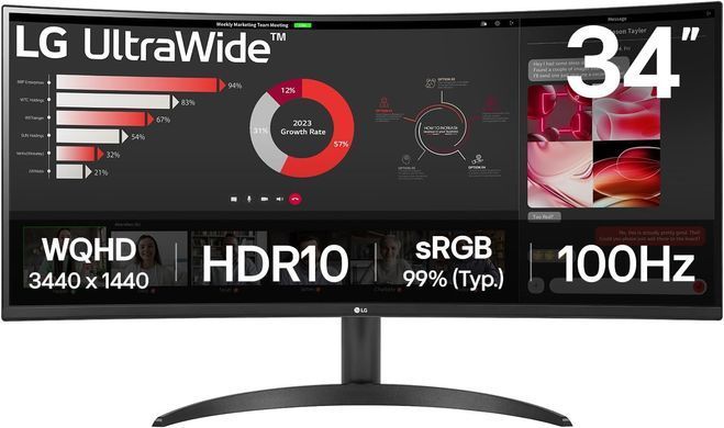 Монітор LG 34" 2xHDMI, DP, Audio, VA, 3440x1440, 21:9, 100Hz, sRGB 99%, CURVED, FreeSync, HDR10 (34WR50QK-B) [101041]