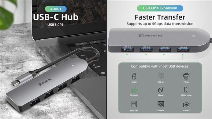 USB-хаб REAL-EL CQ-415 USB Type-C 4-в-1 (EL123110001) [605110]