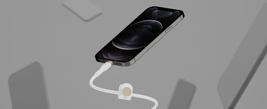 Кабель USB-C > Lightning заряджання/синхронізації Belkin 1м, Type-C, плетений, силіконовий, з ремінцем на магніті, білий (CAA011BT1MWH) [109445]