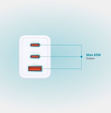 Зарядний пристрій мережевий D-Link 65Вт GaN 2хUSB-С, 1xUSB-A, білий (DCP-651) [111307]