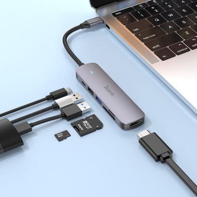 USB-хаб HOCO HB28 Type-C multi-function converter(HDTV+USB3.0+USB2.0+SD+TF+PD) Metal Gray (6931474769336) [805379]