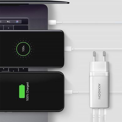 Мережевий зарядний пристрій AXAGON, 3x port (USB + dual USB-C), PD3.0/QC4+/PPS/Apple, 65W, Білий (ACU-DPQ65W) [502987]