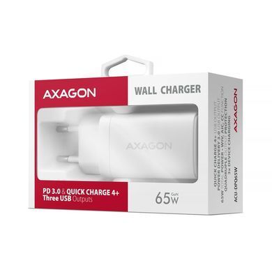 Мережевий зарядний пристрій AXAGON, 3x port (USB + dual USB-C), PD3.0/QC4+/PPS/Apple, 65W, Білий (ACU-DPQ65W) [502987]