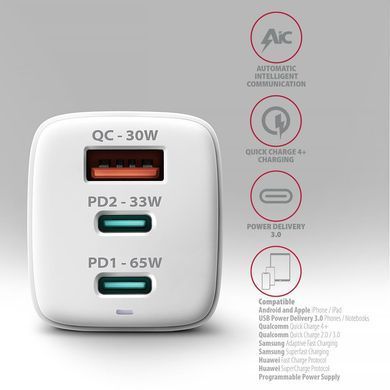 Мережевий зарядний пристрій AXAGON, 3x port (USB + dual USB-C), PD3.0/QC4+/PPS/Apple, 65W, Білий (ACU-DPQ65W) [502987]