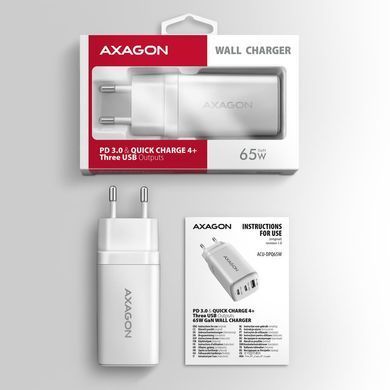 Мережевий зарядний пристрій AXAGON, 3x port (USB + dual USB-C), PD3.0/QC4+/PPS/Apple, 65W, Білий (ACU-DPQ65W) [502987]