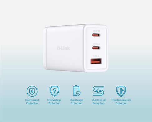 Зарядний пристрій мережевий D-Link 65Вт GaN 2хUSB-С, 1xUSB-A, білий (DCP-651) [111307]