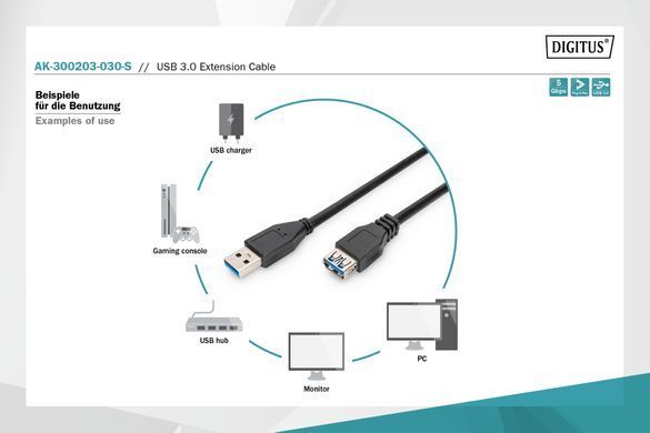 Кабель ASSMANN USB 3.0 (AM/AF) 3.0м, чорний (AK-300203-030-S) [114131]