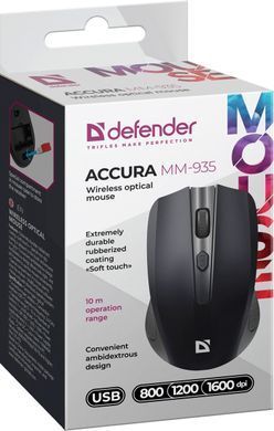Мишка Defender Accura MM-935 бездротова, 4 кн. до 1600 dpi, чорна (52935) [401148]