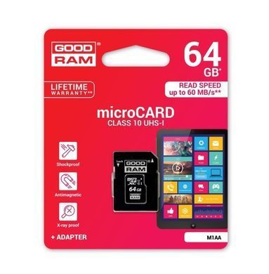 Карта пам'яті microSDXC (UHS-1) GoodRam 64Gb class 10 (adapter SD) (M1AA-0640R11) [805258]