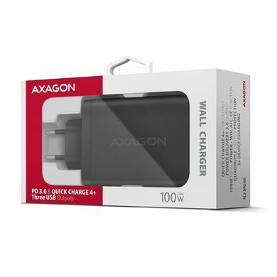 Мережевий зарядний пристрій AXAGON, 3x port (USB + dual USB-C), PD3.0/QC4+/PPS/Apple, 100W, Чорний (ACU-DPQ100) [502988]