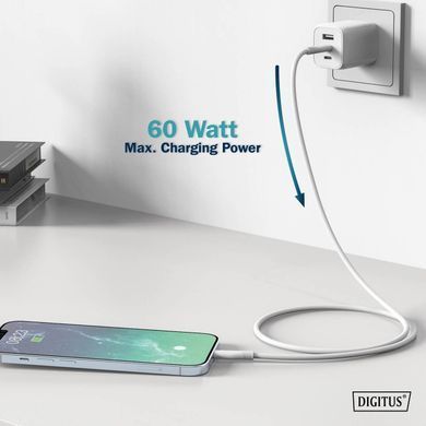 Кабель DIGITUS USB-C > Lightning заряджання/синхронізації, USB 2.0, 60W, силіконовий, 1м, білий (AK-600110-010-W) [108612]