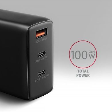 Мережевий зарядний пристрій AXAGON, 3x port (USB + dual USB-C), PD3.0/QC4+/PPS/Apple, 100W, Чорний (ACU-DPQ100) [502988]