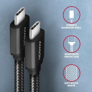 Кабель AXAGON USB-C-USB-C 3.2 Gen 1, 1m, PD 60W, 3A, чорний (BUCM3-CM10AB) [504206]